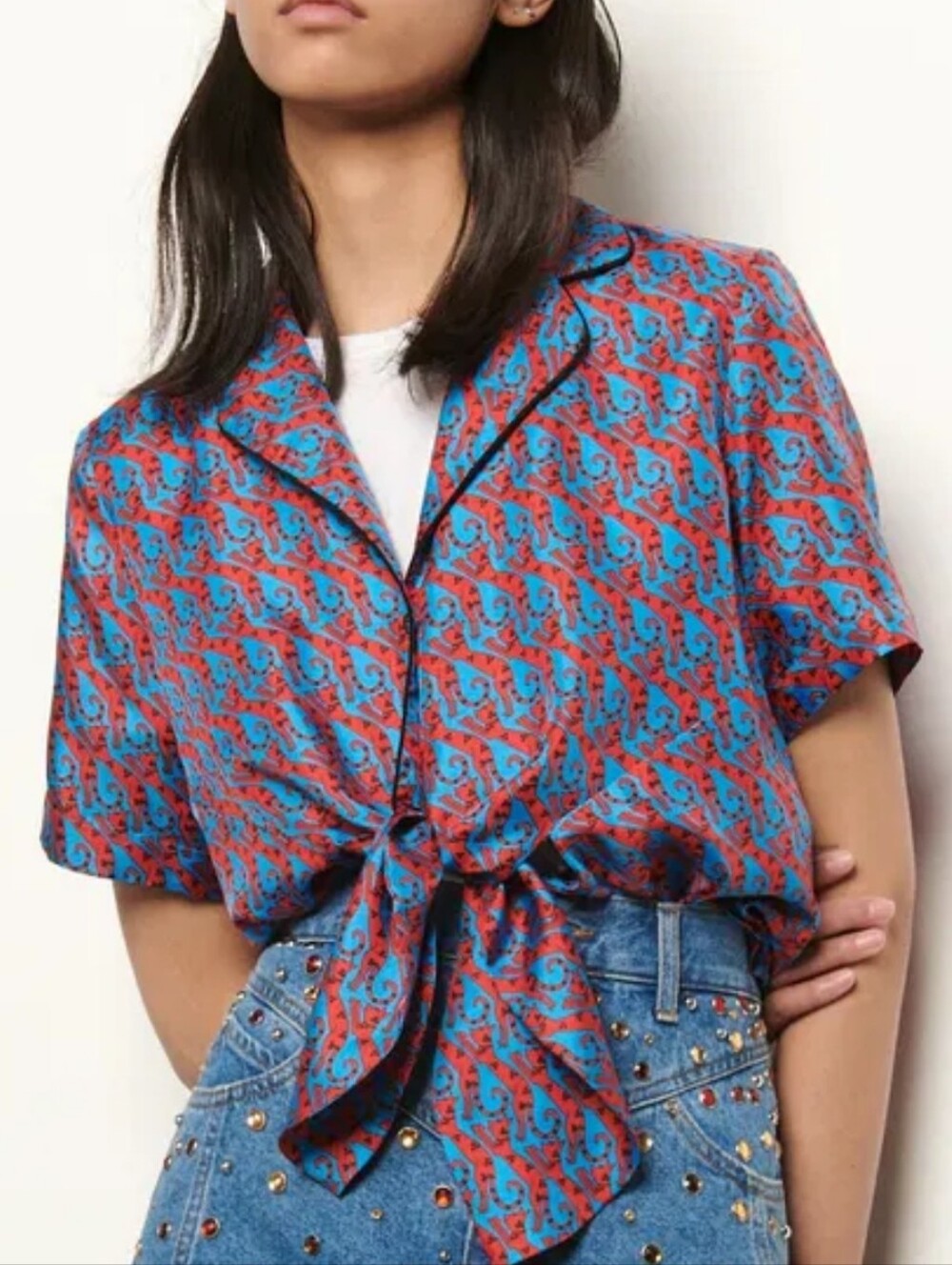Sandro Paris Silk Cary Cat Blue and Red Printed Tie-Front Button-Down Top